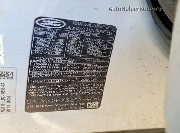 SALYK2EX5LA244250 2020 LAND ROVER RANGE White Engine compartment view