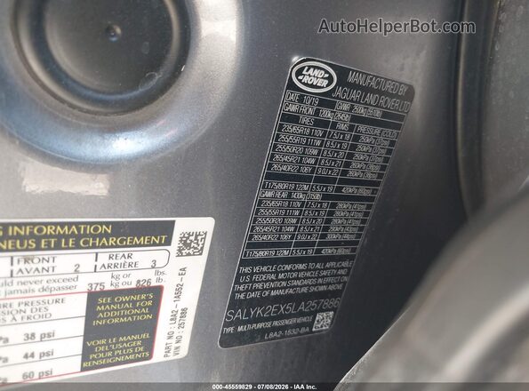SALYK2EX5LA257886 2020 LAND ROVER RANGE ROVER VELAR Gray Engine compartment view