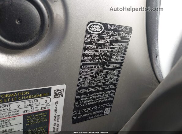 SALYK2EX5LA270749 2020 LAND ROVER RANGE ROVER VELAR Black Vista del compartimento del motor