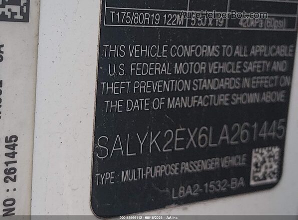 SALYK2EX6LA261445 2020 LAND ROVER RANGE ROVER VELAR White Vista del compartimento del motor