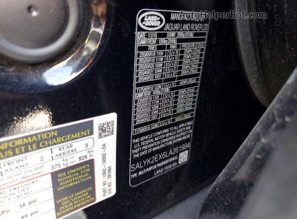 SALYK2EX6LA261994 2020 LAND ROVER RANGE Black Widok naklejki z numerem VIN
