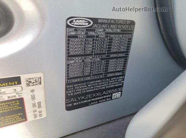 SALYK2EXXLA265630 2020 LAND ROVER RANGE Серебряный Панорамный вид салона 360°