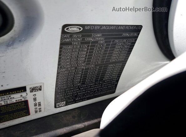 SALYL2EX0KA236018 2019 LAND ROVER RANGE White VIN կոդի պիտակի տեսք