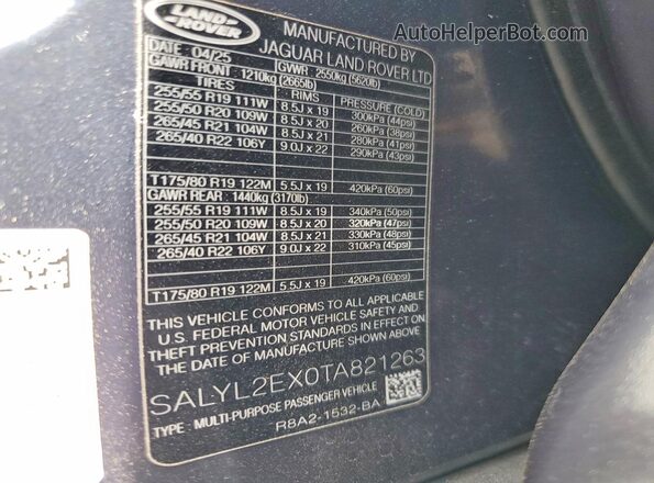 SALYL2EX0TA821263 2026 LAND ROVER RANGE Blue Widok wnętrza 360 stopni