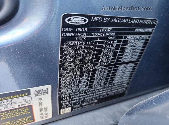 SALYL2EX1KA781581 2019 LAND ROVER RANGE Blue VIN კოდის სტიკერის ხედი