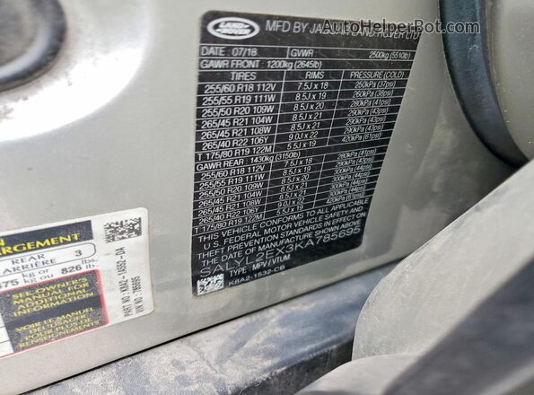 SALYL2EX3KA785695 2019 LAND ROVER RANGE Серебряный Вид подкапотного пространства