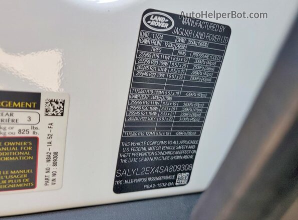 SALYL2EX4SA809308 2025 LAND ROVER RANGE White VIN sticker view