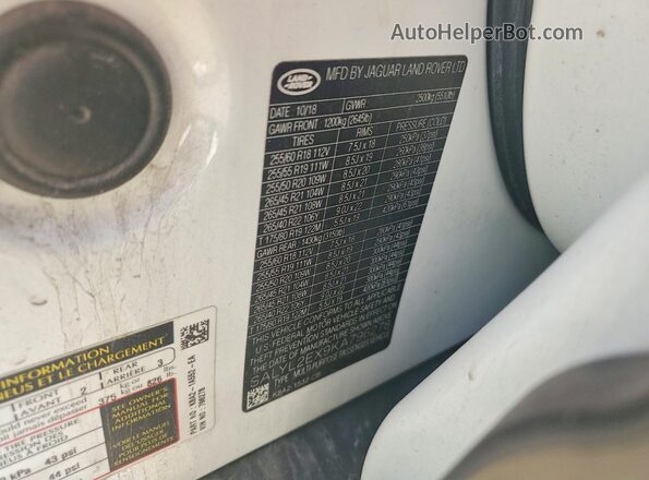SALYL2EX9KA796278 2019 LAND ROVER RANGE White VIN კოდის სტიკერის ხედი