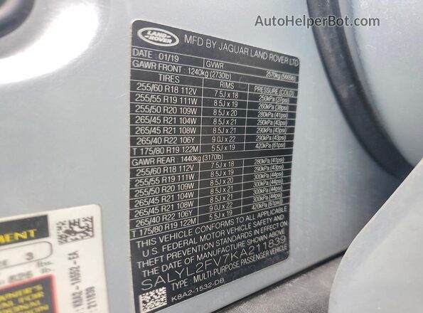 SALYL2FV7KA211839 2019 LAND ROVER RANGE Silver Вид підкапотного простору