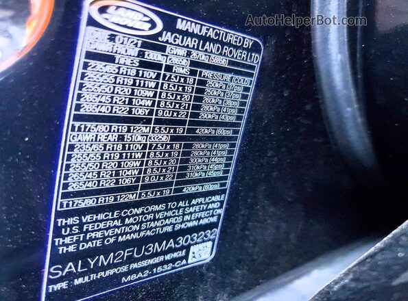 SALYM2FU3MA303232 2021 LAND ROVER RANGE Black Widok wnętrza 360 stopni