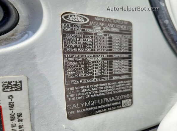 SALYM2FU7MA307865 2021 LAND ROVER RANGE White VIN sticker view