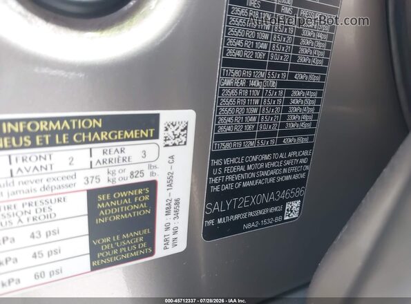 SALYT2EX0NA346586 2022 LAND ROVER RANGE ROVER VELAR Silver Вид підкапотного простору