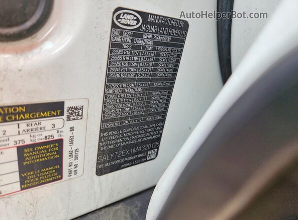 SALYT2EX1MA320125 2021 LAND ROVER RANGE Белый Вид подкапотного пространства