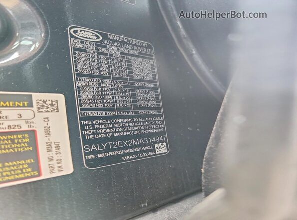 SALYT2EX2MA314947 2021 LAND ROVER RANGE Угольный Вид подкапотного пространства