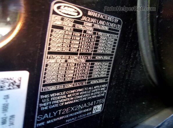 SALYT2EX2NA341759 2022 LAND ROVER RANGE Black VIN sticker view