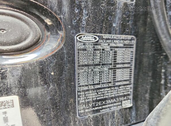 SALYT2EX3MA316478 2021 LAND ROVER RANGE Black VIN კოდის სტიკერის ხედი