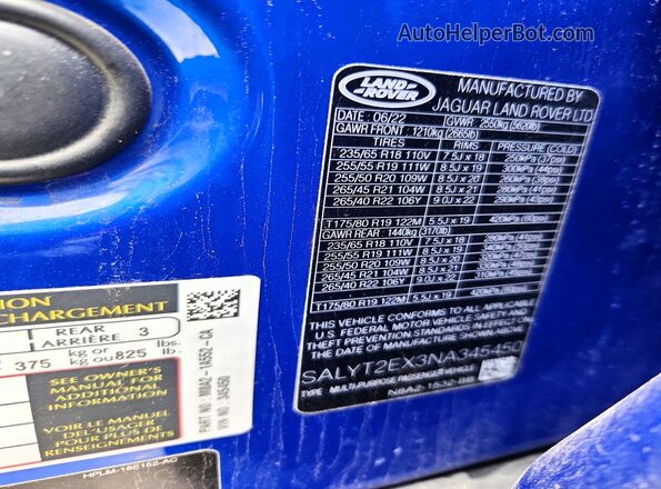 SALYT2EX3NA345450 2022 LAND ROVER RANGE Blue Widok naklejki z numerem VIN