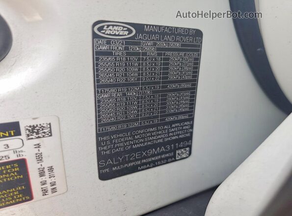 SALYT2EX9MA311494 2021 LAND ROVER RANGE White ძრავის განყოფილების ხედი