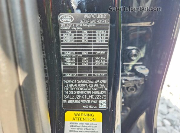 SALZJ2FX1LH022379 2020 LAND ROVER RANGE Black Vista de la etiqueta del VIN