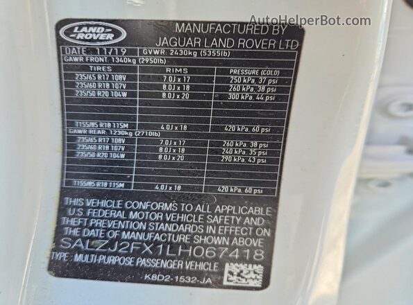 SALZJ2FX1LH067418 2020 LAND ROVER RANGE White VIN sticker view