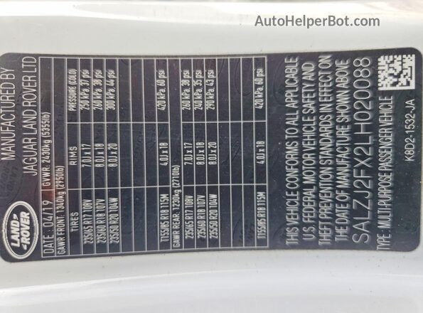 SALZJ2FX2LH020088 2020 LAND ROVER RANGE White Engine compartment view