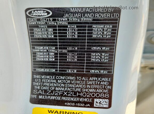 SALZJ2FX2LH020088 2020 LAND ROVER RANGE White Widok naklejki z numerem VIN