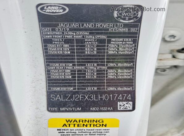 SALZJ2FX3LH017474 2020 LAND ROVER RANGE White 360 interior view