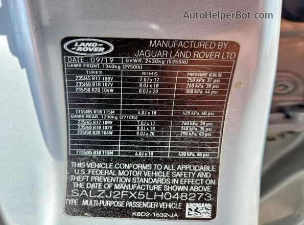 SALZJ2FX5LH048273 2020 LAND ROVER RANGE Gray Вид наклейки з VIN-кодом