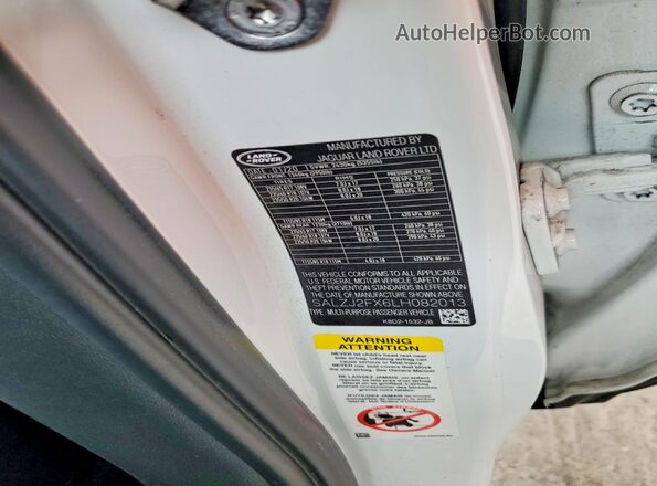 SALZJ2FX6LH082013 2020 LAND ROVER RANGE White VIN კოდის სტიკერის ხედი