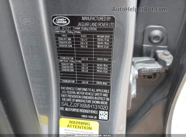 SALZJ2FX6MH131020 2021 LAND ROVER RANGE ROVER EVOQUE Gray Vista del compartimento del motor