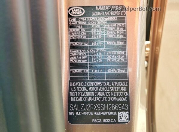 SALZJ2FX9SH266943 2025 LAND ROVER RANGE Tan Vista de la etiqueta del VIN