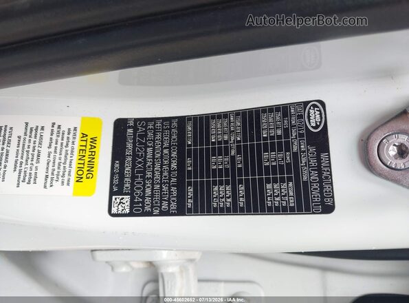 SALZJ2FXXLH006410 2020 LAND ROVER RANGE ROVER EVOQUE White ძრავის განყოფილების ხედი