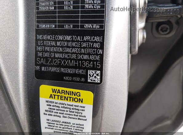 SALZJ2FXXMH136415 2021 LAND ROVER RANGE ROVER EVOQUE Gray Вид підкапотного простору