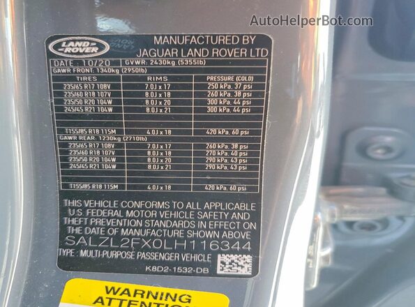 SALZL2FX0LH116344 2020 LAND ROVER RANGE Gray 360 interior view