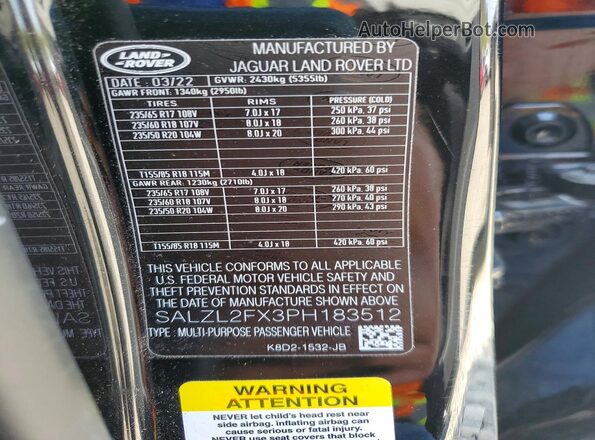 SALZL2FX3PH183512 2023 LAND ROVER RANGE Black Widok naklejki z numerem VIN