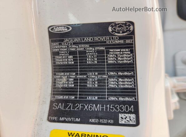 SALZL2FX6MH153304 2021 LAND ROVER RANGE Белый Вид подкапотного пространства