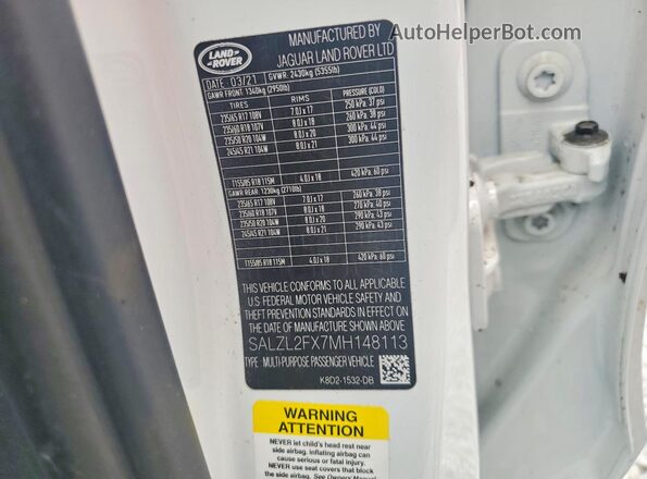 SALZL2FX7MH148113 2021 LAND ROVER RANGE Белый Вид наклейки с VIN-кодом