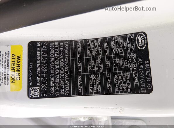 SALZL2FX8RH243318 2024 LAND ROVER RANGE ROVER EVOQUE Белый Вид подкапотного пространства