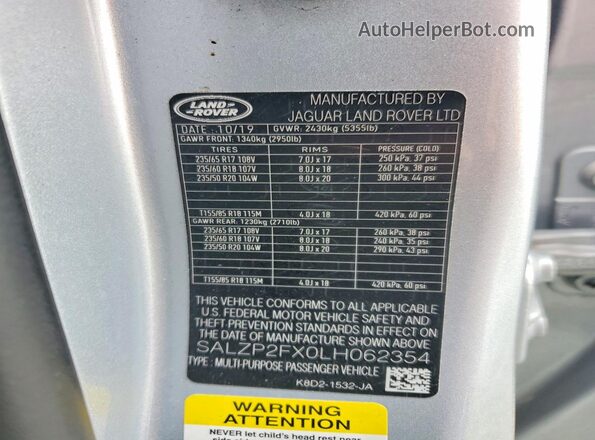 SALZP2FX0LH062354 2020 LAND ROVER RANGE Silver Widok naklejki z numerem VIN