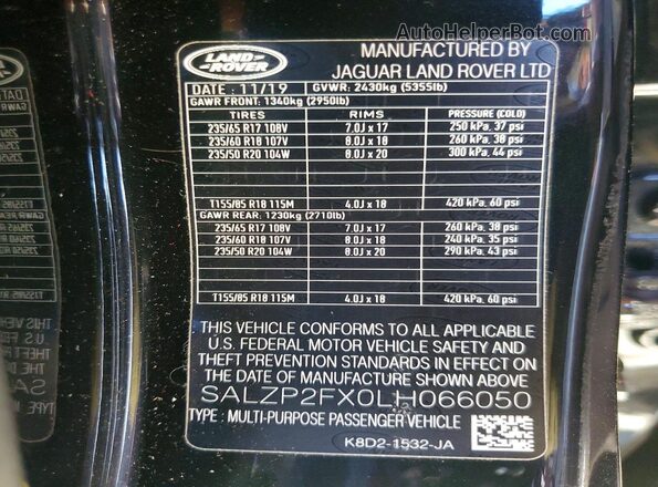 SALZP2FX0LH066050 2020 LAND ROVER RANGE Black Vista interior de 360 grados