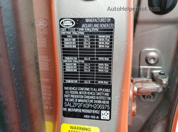 SALZP2FX0PH206975 2023 LAND ROVER RANGE Silver Vista de la etiqueta del VIN
