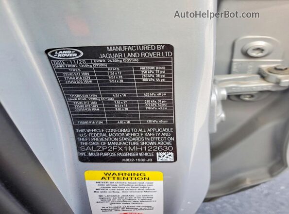 SALZP2FX1MH122630 2021 LAND ROVER RANGE Gray VIN კოდის სტიკერის ხედი