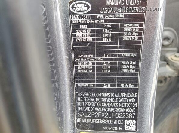 SALZP2FX2LH022387 2020 LAND ROVER RANGE Gray Vista interior de 360 grados