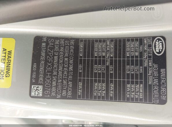 SALZP2FX3LH060761 2020 LAND ROVER RANGE ROVER EVOQUE Silver Engine compartment view