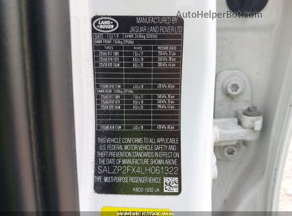SALZP2FX4LH061322 2020 LAND ROVER RANGE ROVER EVOQUE White Widok komory silnika