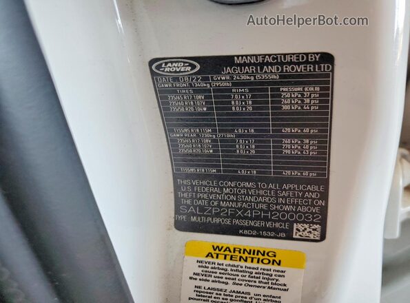 SALZP2FX4PH200032 2023 LAND ROVER RANGE White Widok komory silnika