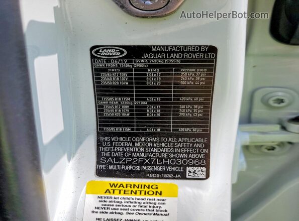 SALZP2FX7LH030968 2020 LAND ROVER RANGE White VIN sticker view