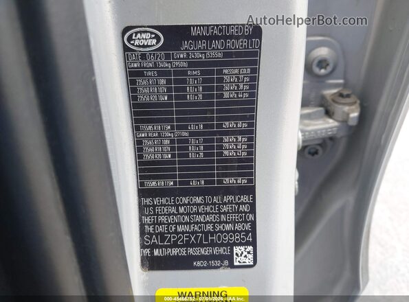 SALZP2FX7LH099854 2020 LAND ROVER RANGE ROVER EVOQUE Silver Вид підкапотного простору