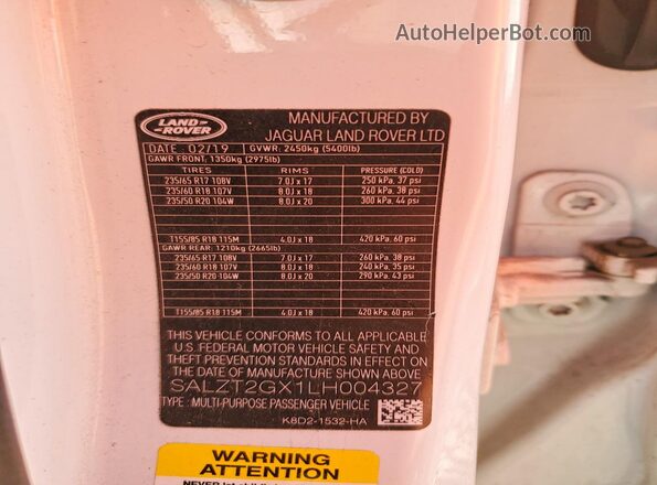 SALZT2GX1LH004327 2020 LAND ROVER RANGE White 360 interior view