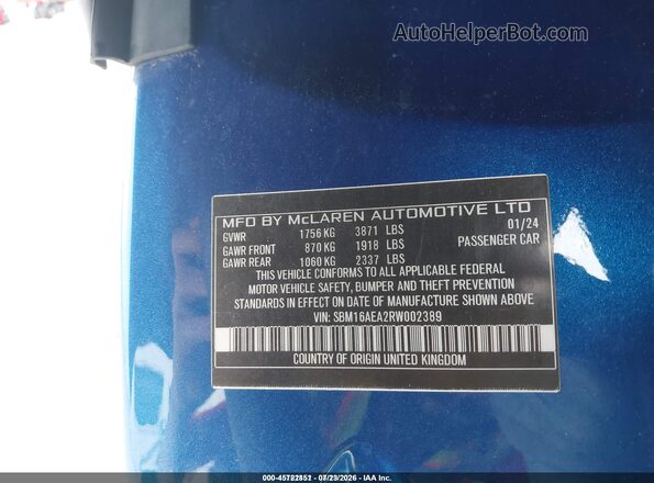 SBM16AEA2RW002389 2024 MCLAREN ARTURA Blue ძრავის განყოფილების ხედი